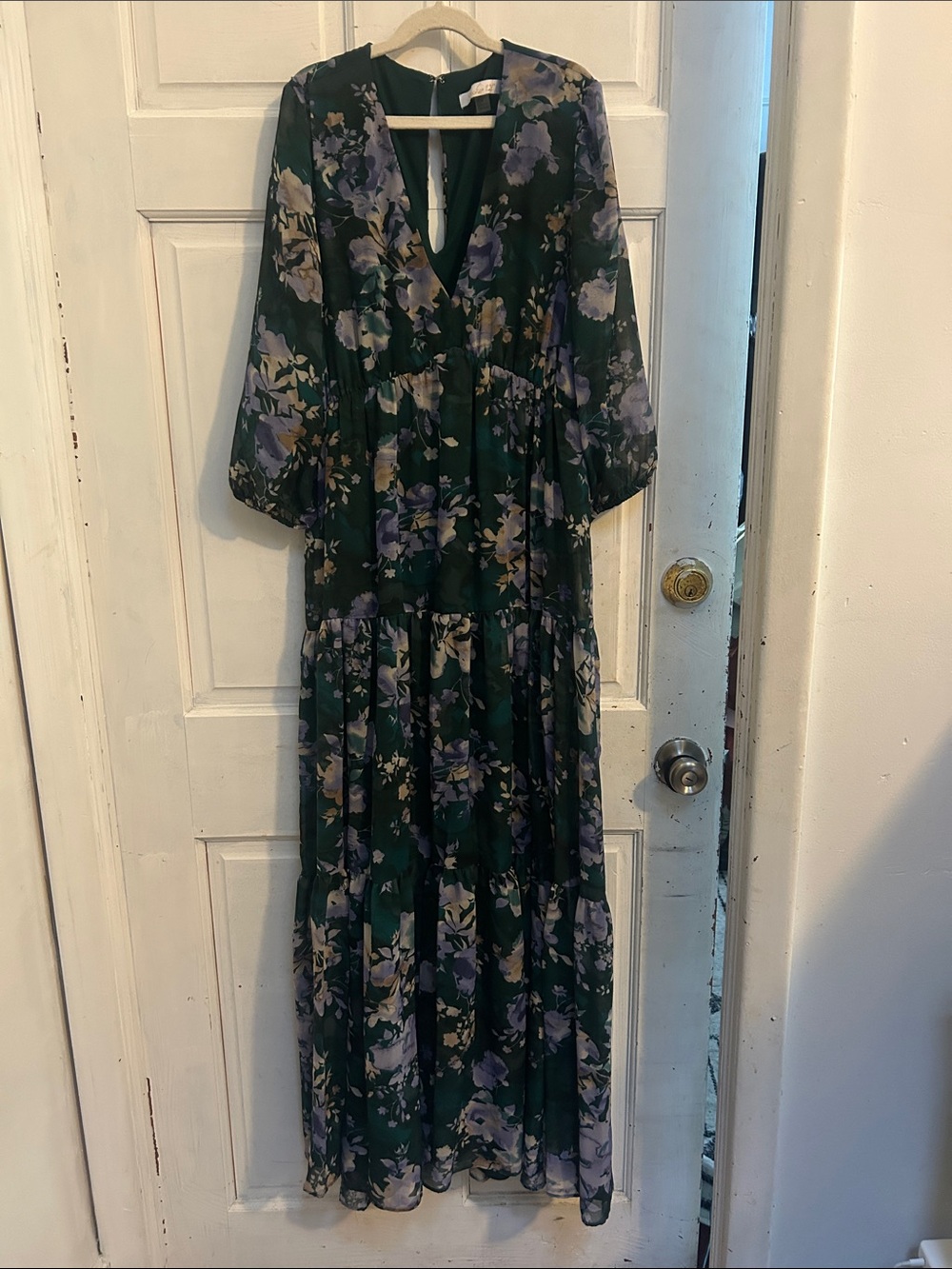 Floral Deep Green Maxi Dress with V-Neck